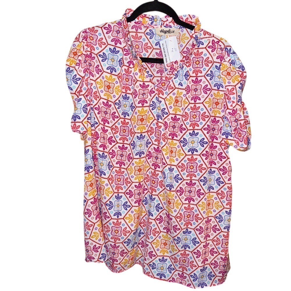 Haptics Blouse 2X Multicolor Geometric Floral Ruffle Neck Tulip Sleeve HT4255CX